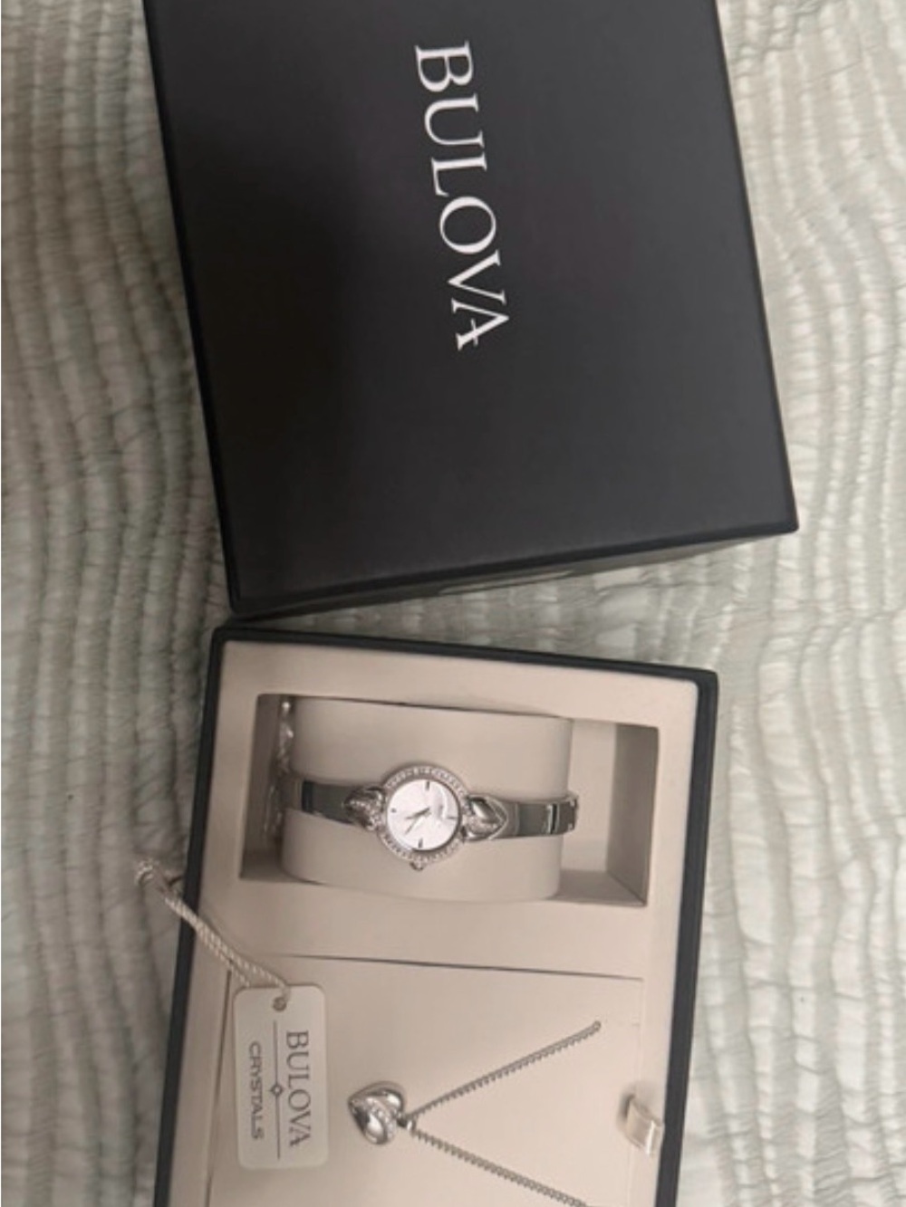 Bulova Silver-Tone Women's Crystal Watch with Silver Heart Necklace
